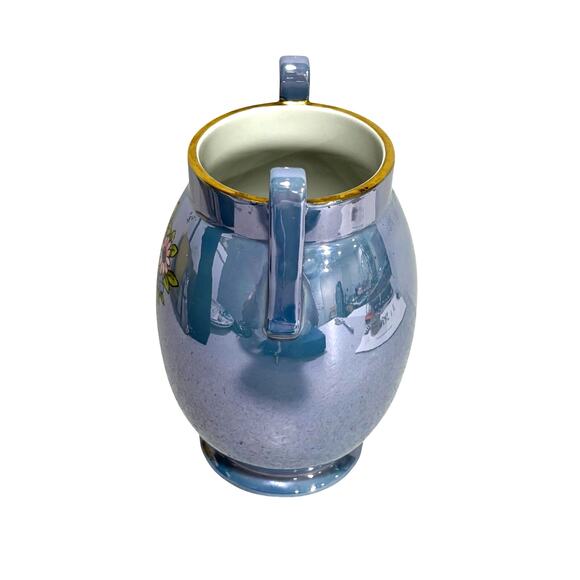 Vintage Japan Vase blue lustre ware urn shape side handles floral decorative - Picture 3 of 9